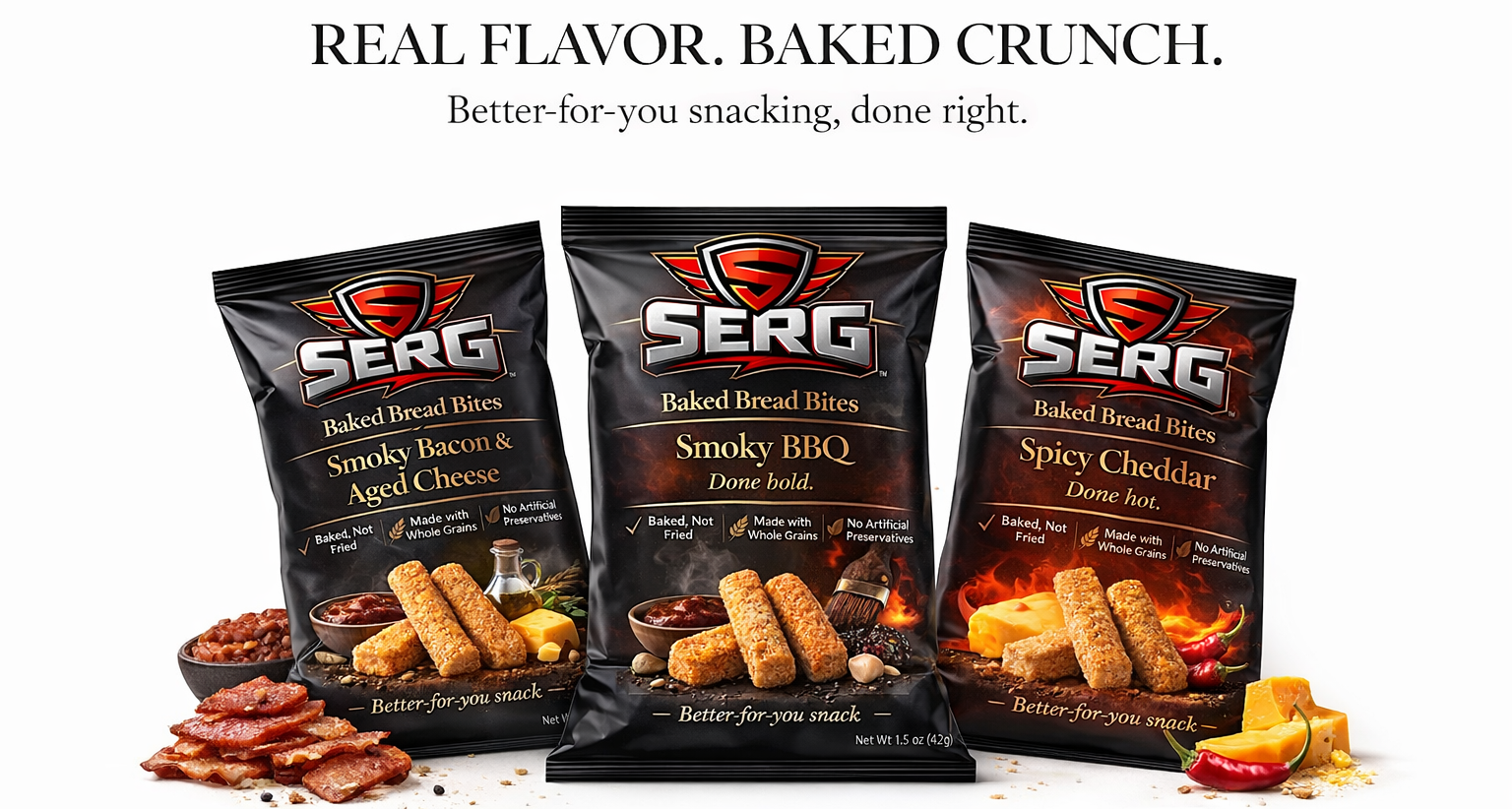 Three packages of SERG baked bread bites with text 'Real Flavor, Baked Crunch' on a white background.